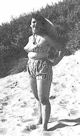 Picture of Monica in a two-piece bathing costume to show how overweight she was in 1959